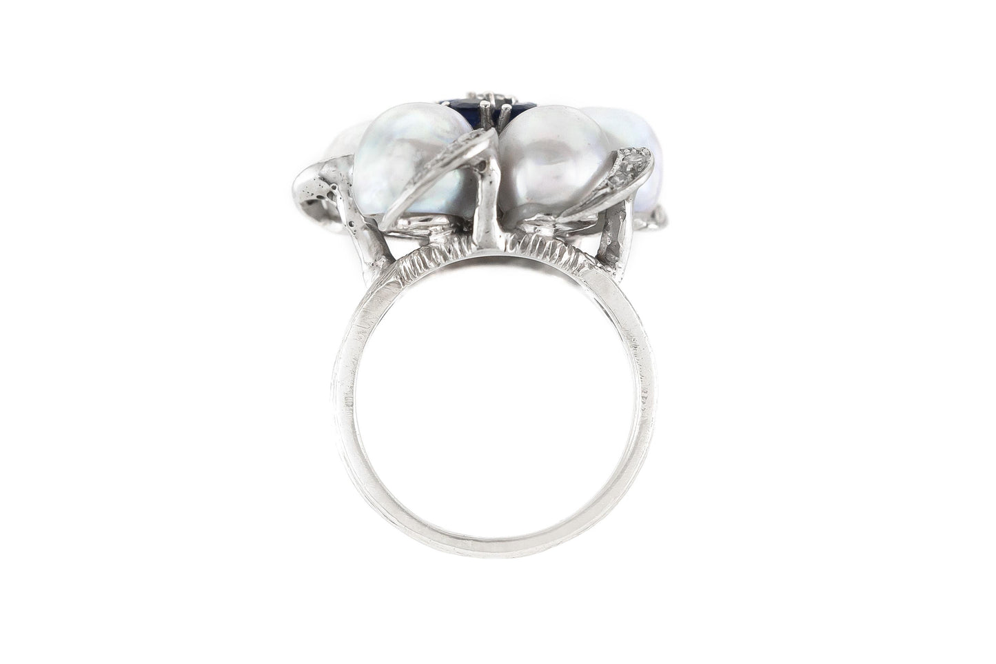 Vintage 1950s Grey Pearls Flower Ring with Sapphires and Diamonds