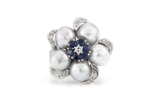 Vintage 1950s Grey Pearls Flower Ring with Sapphires and Diamonds