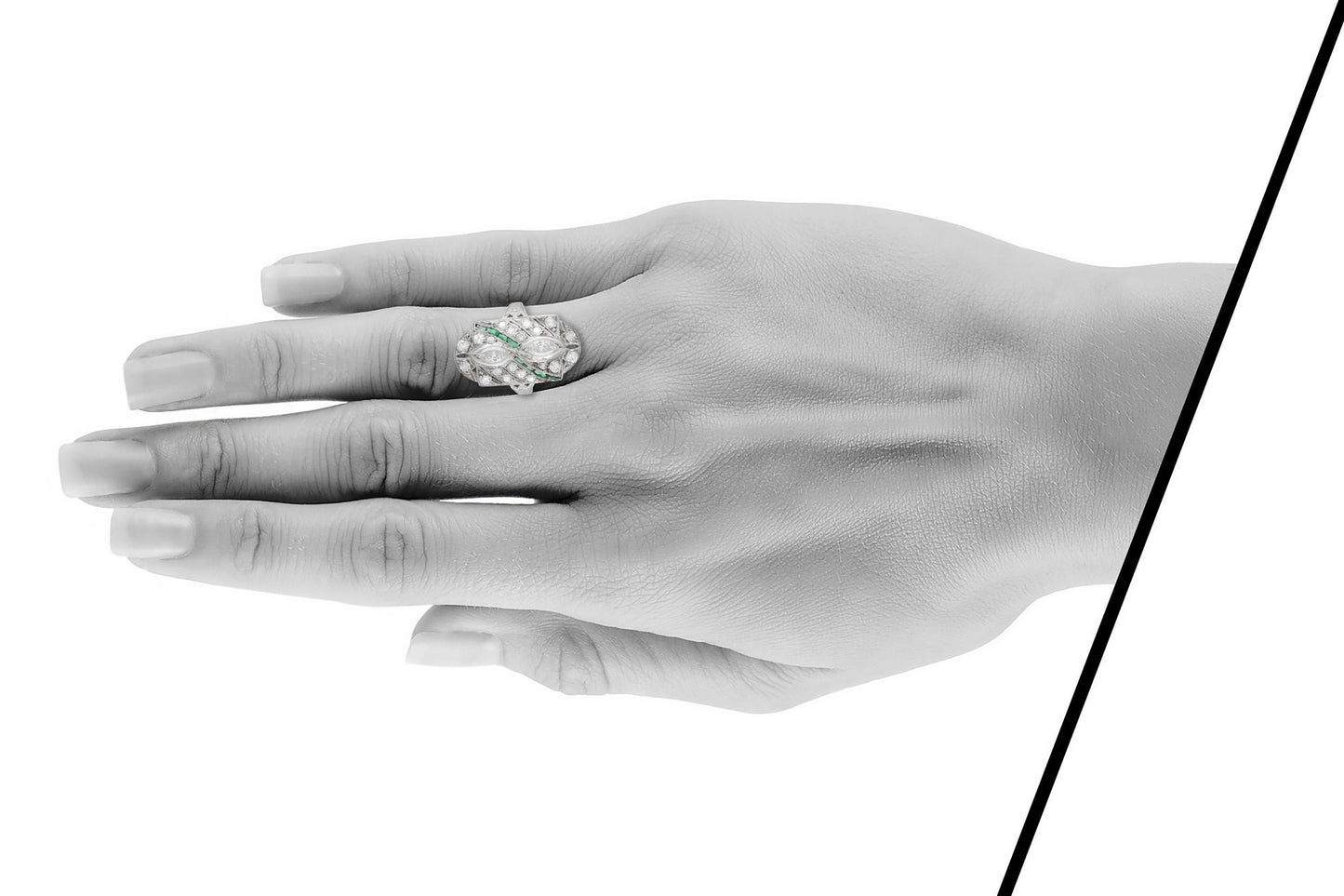 Antique Art Deco 1920s 1.50 Carat Diamond Dinner Ring with Emeralds