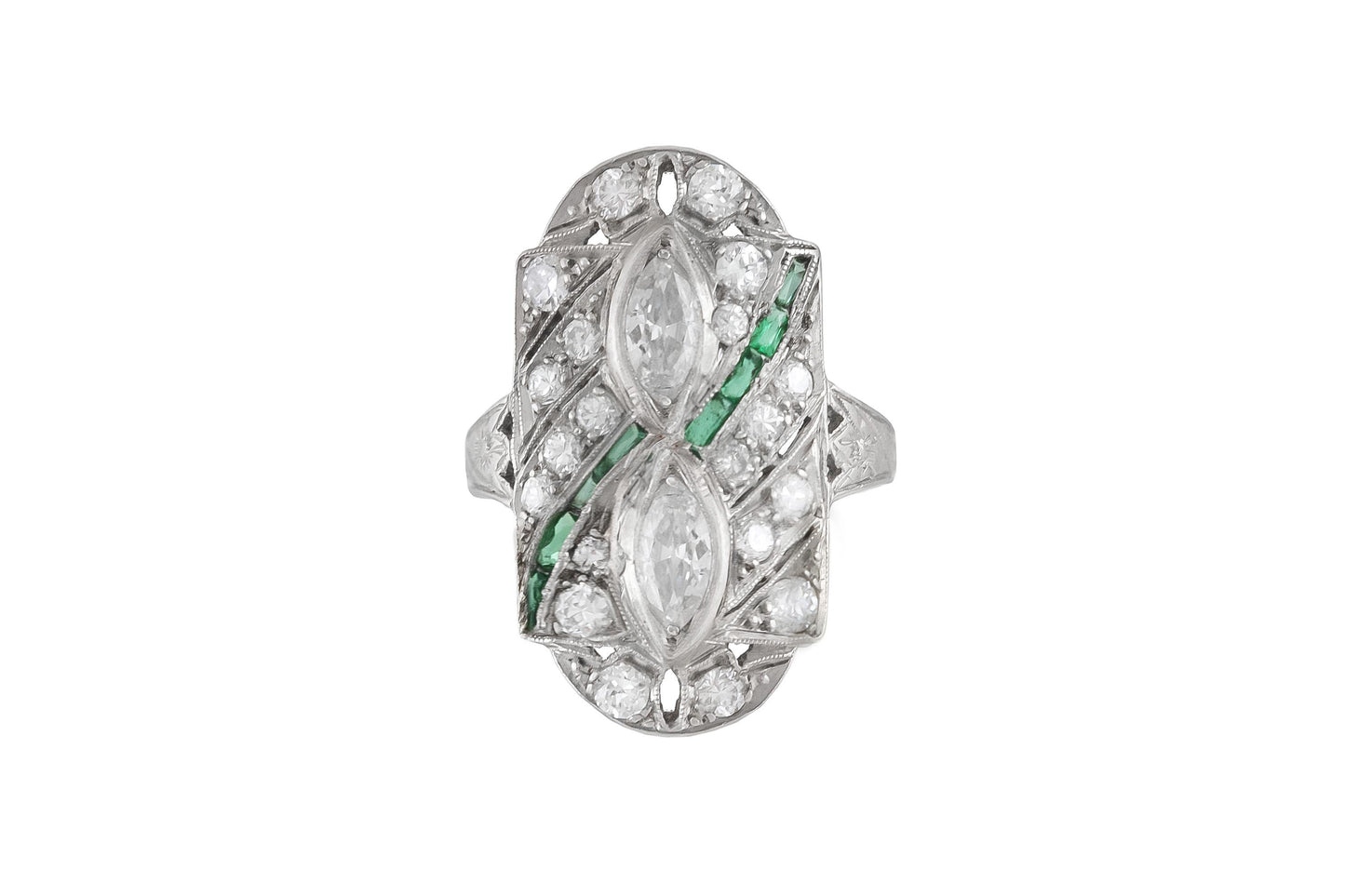 Antique Art Deco 1920s 1.50 Carat Diamond Dinner Ring with Emeralds