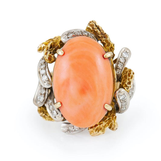 Vintage 1940s Retro Coral and Diamonds Ring