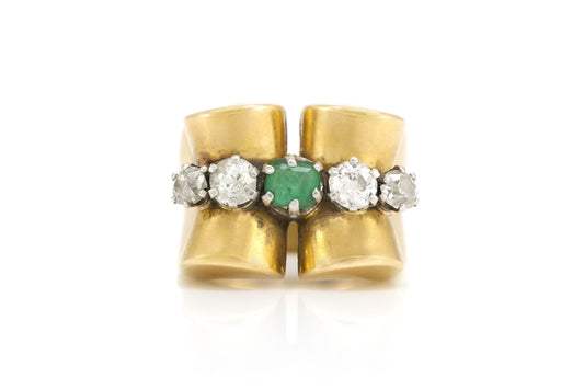 Vintage 1940s Retro Gold, Emerald & Diamond Ring