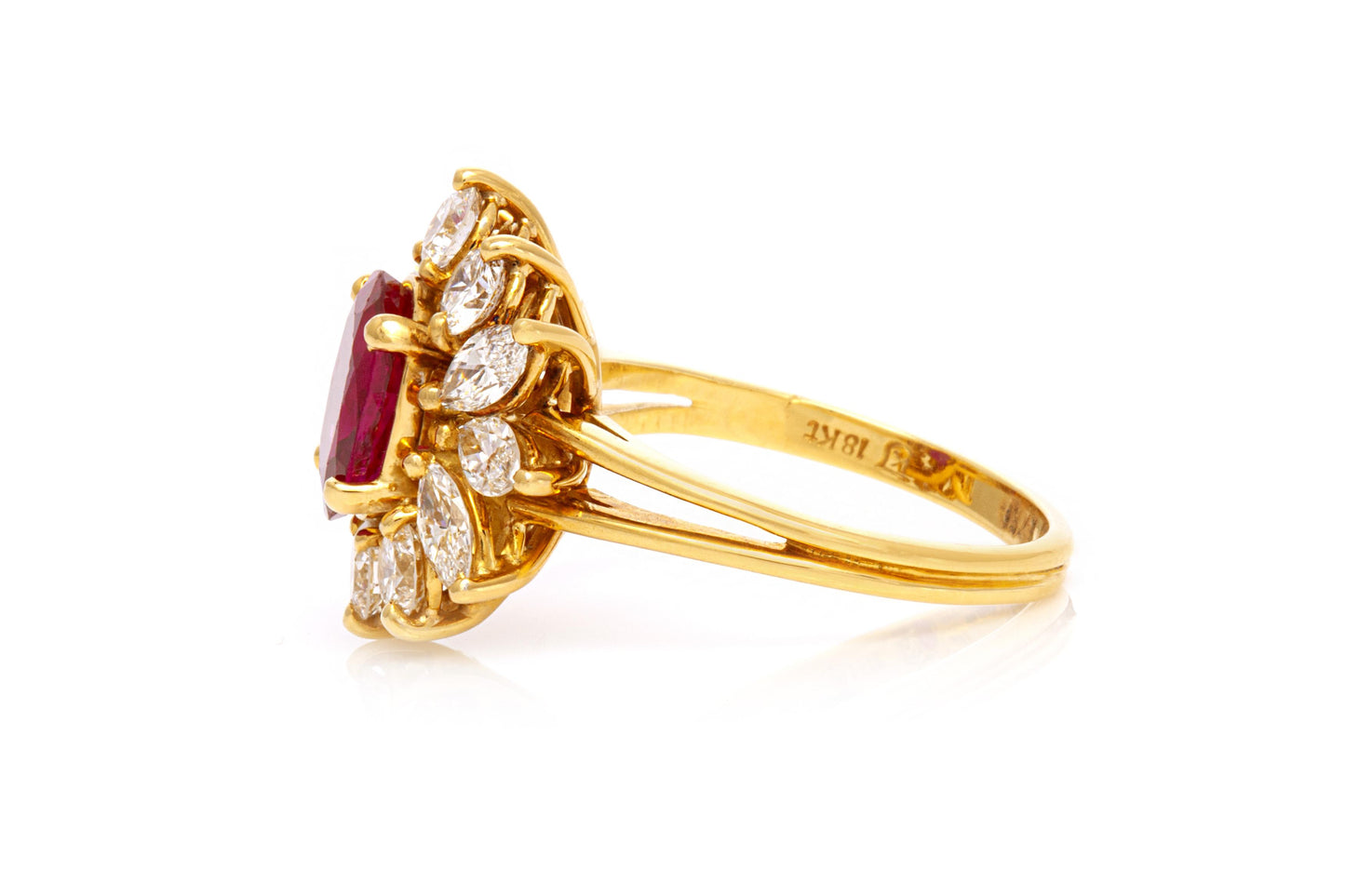 Vintage 1950s 2.28 Carat Oval Cut Burma Ruby and 2.00 Carat Diamonds Flower Ring