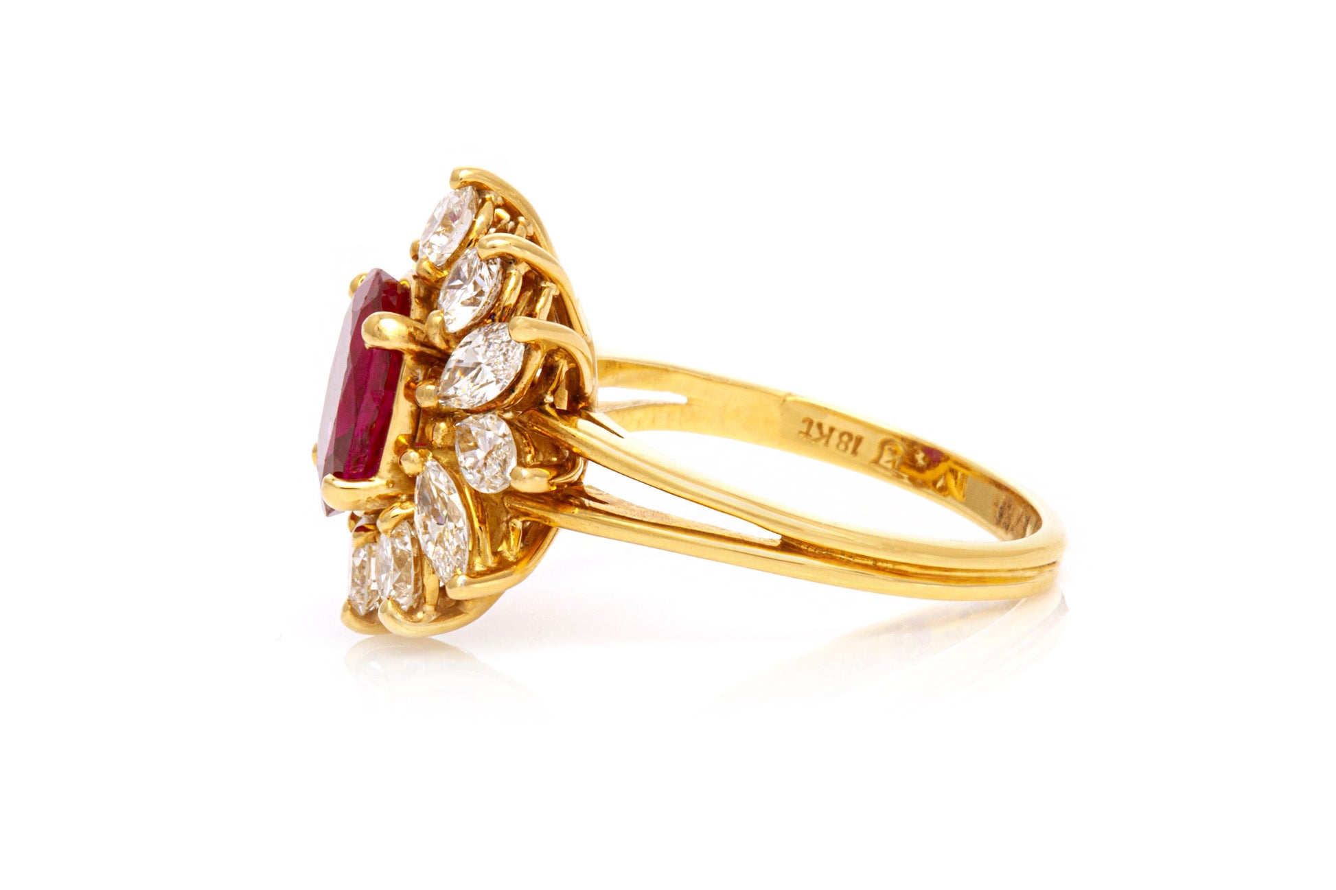 Vintage 1950s 2.28 Carat Oval Cut Burma Ruby and 2.00 Carat Diamonds Flower Ring
