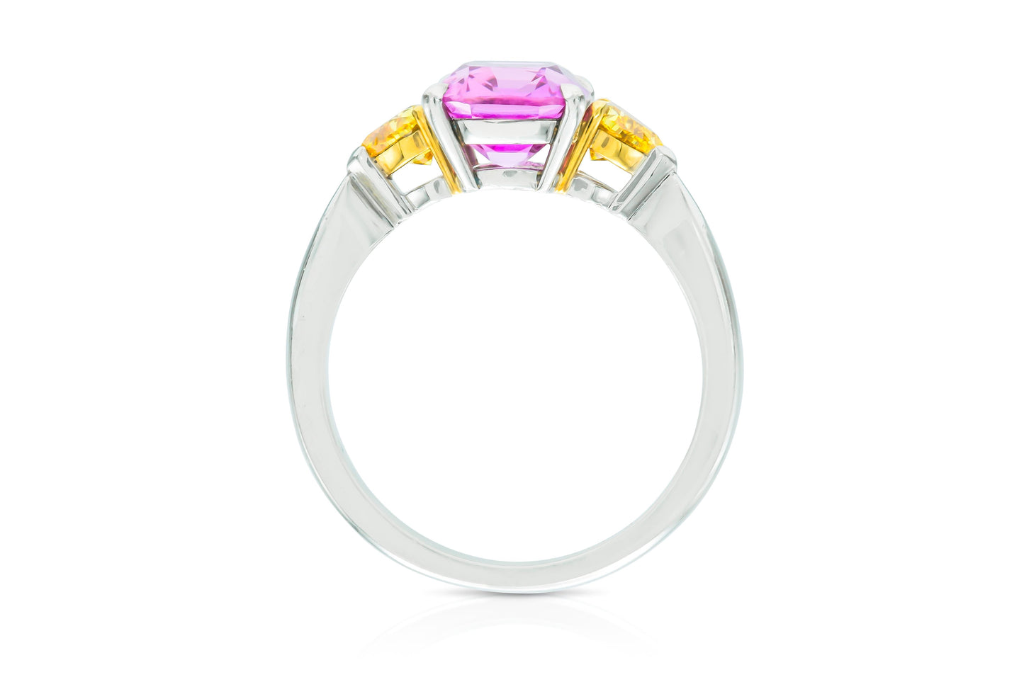 3.21 Carat Cushion Cut Pink Sapphire and 0.68 Carat Yellow Diamonds Ring