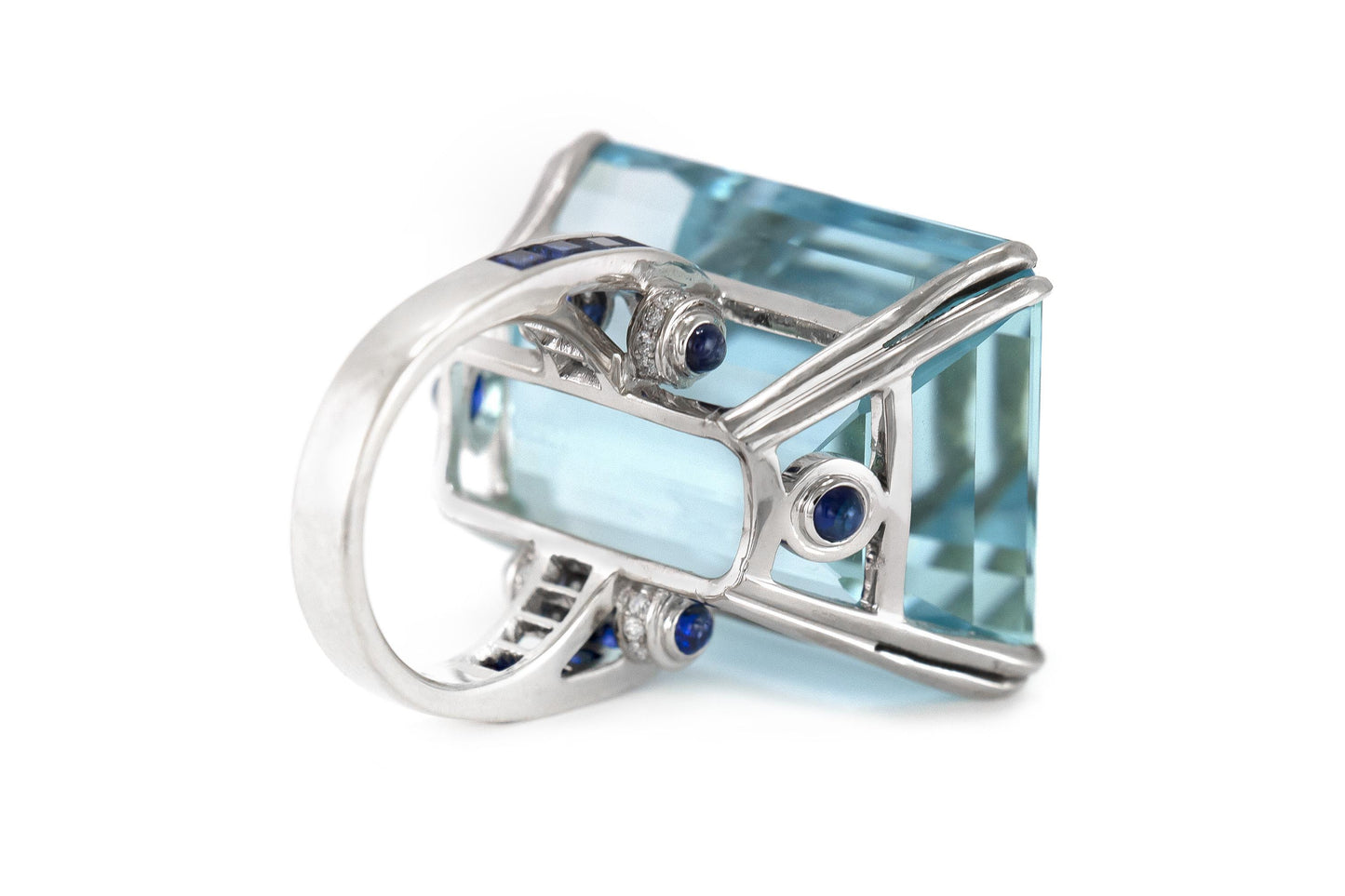 Antique Art Deco 1930s 78.58 Carat Aquamarine Cocktail Ring with Sapphires