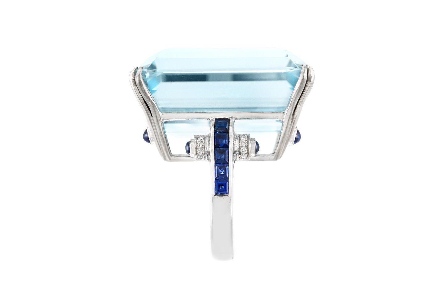 Antique Art Deco 1930s 78.58 Carat Aquamarine Cocktail Ring with Sapphires