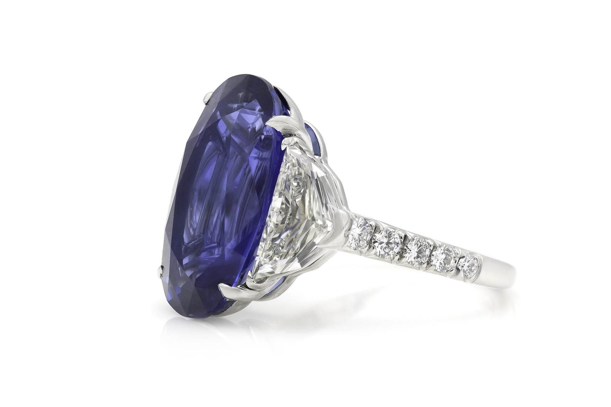Vintage 1950s 9.78 Carat Oval Cut Burma Sapphire and Shield Cut Diamonds Ring