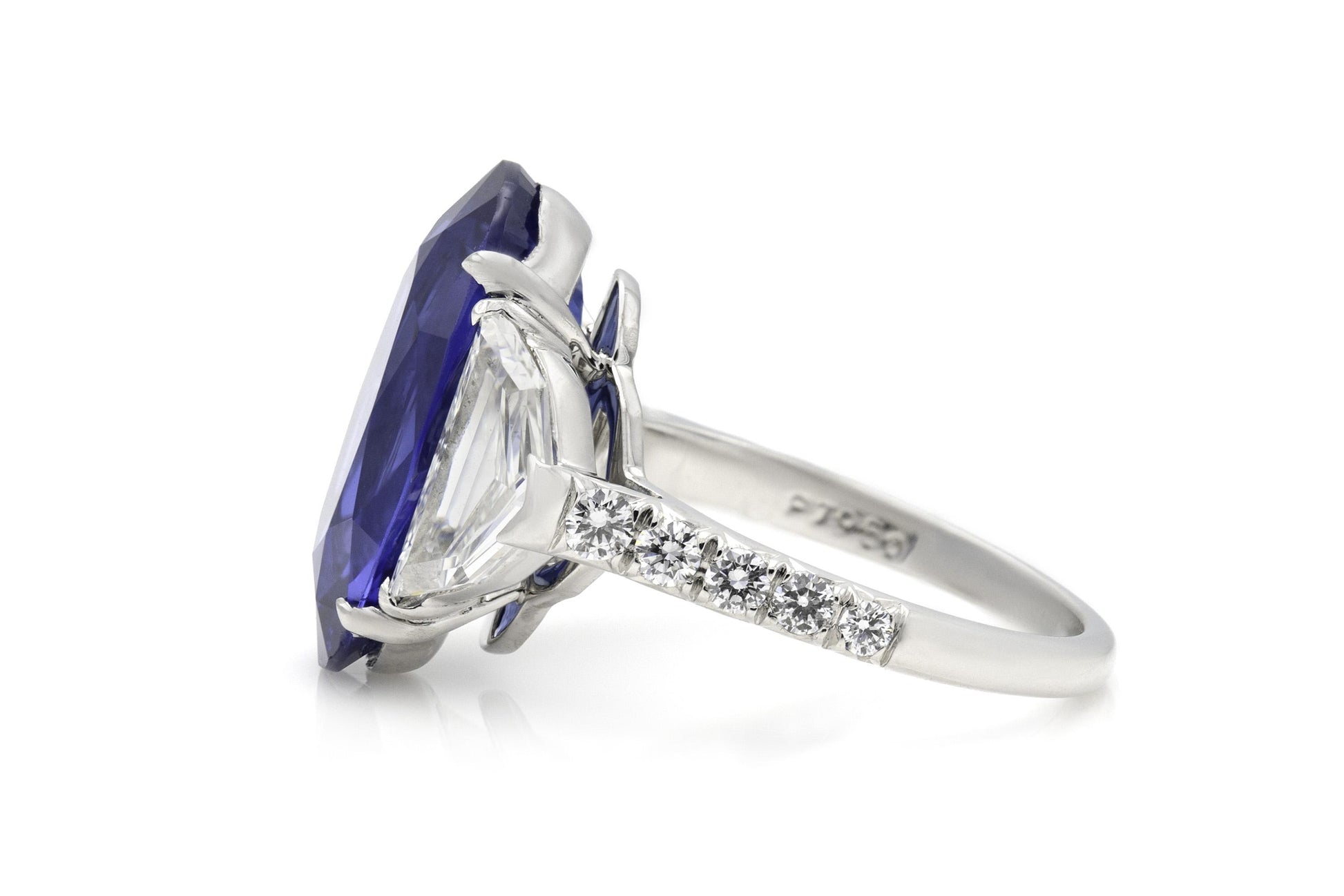 Vintage 1950s 9.78 Carat Oval Cut Burma Sapphire and Shield Cut Diamonds Ring