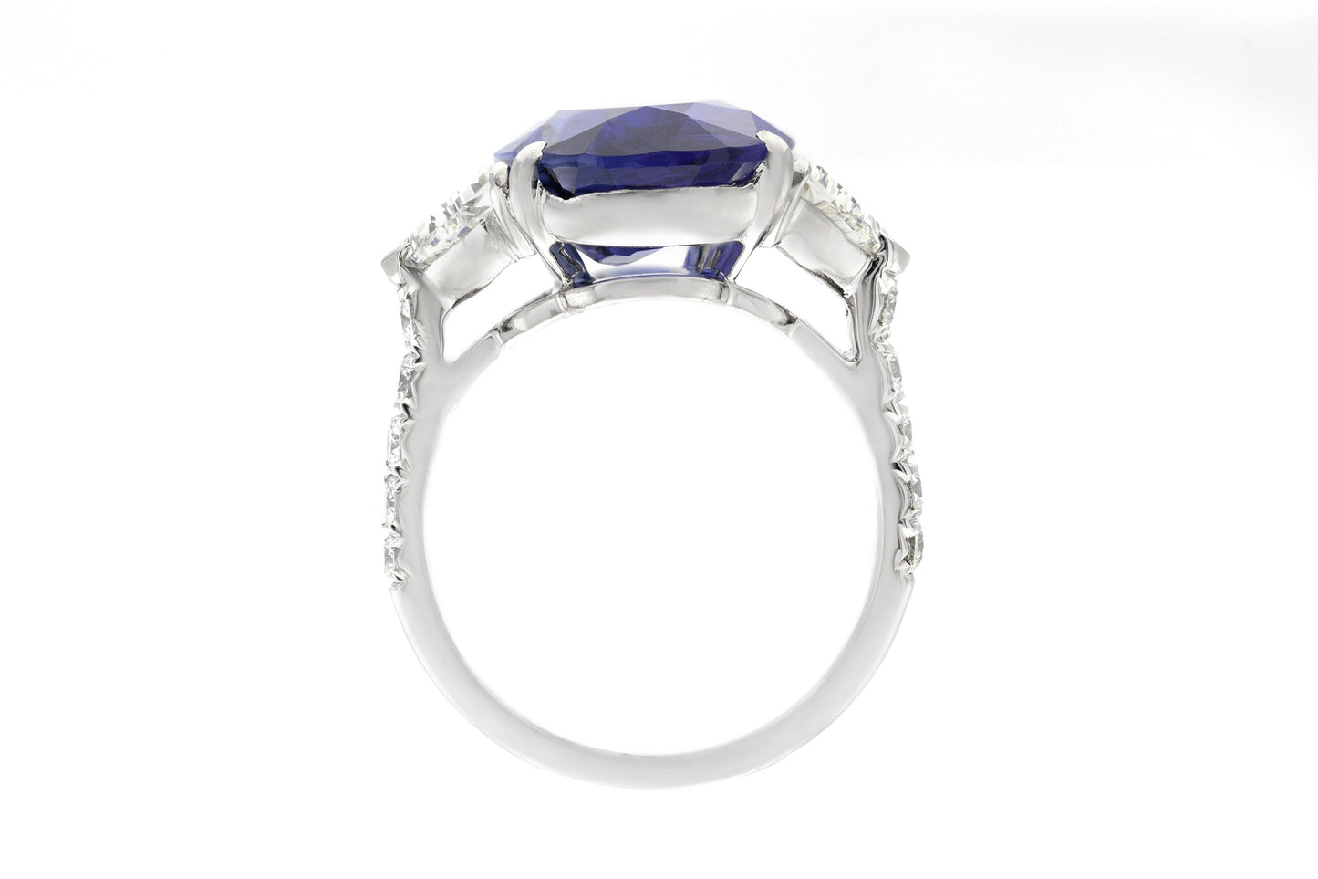 Vintage 1950s 9.78 Carat Oval Cut Burma Sapphire and Shield Cut Diamonds Ring
