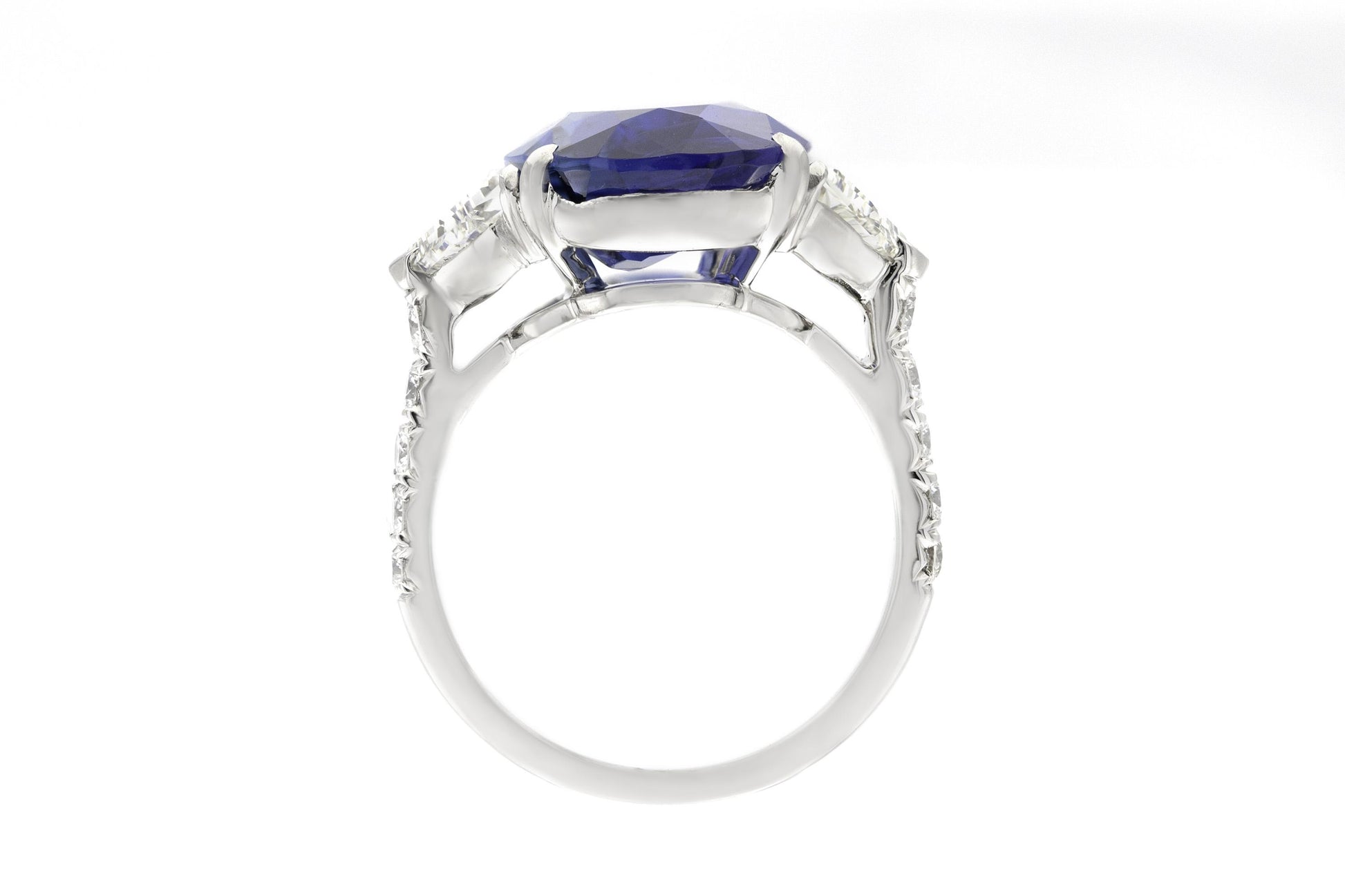 Vintage 1950s 9.78 Carat Oval Cut Burma Sapphire and Shield Cut Diamonds Ring