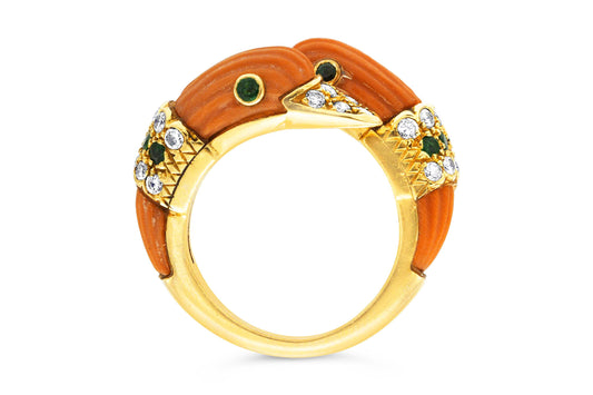 Vintage 1970s Van Cleef & Arpels Double Headed Coral Duck Ring