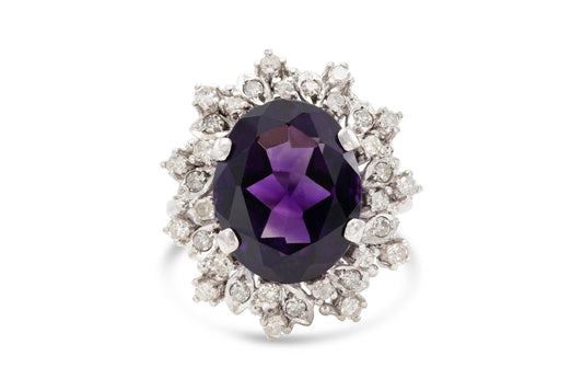 Vintage 1950s 8.00 Carat Oval Cut Amethyst Ring with Diamonds