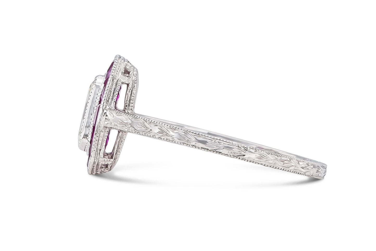 Antique Art Deco 1920s 0.52 Carat Emerald Cut Diamond Ring with Rubies
