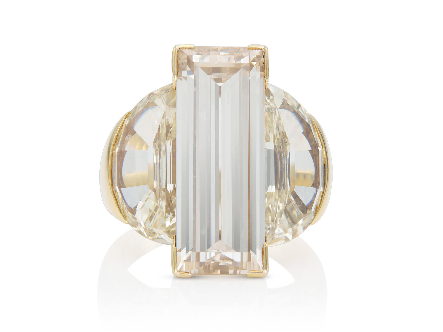 9.86 Carat Rectangular Step Cut Diamond Ring with 6.20 Carat Half-Moon Diamonds