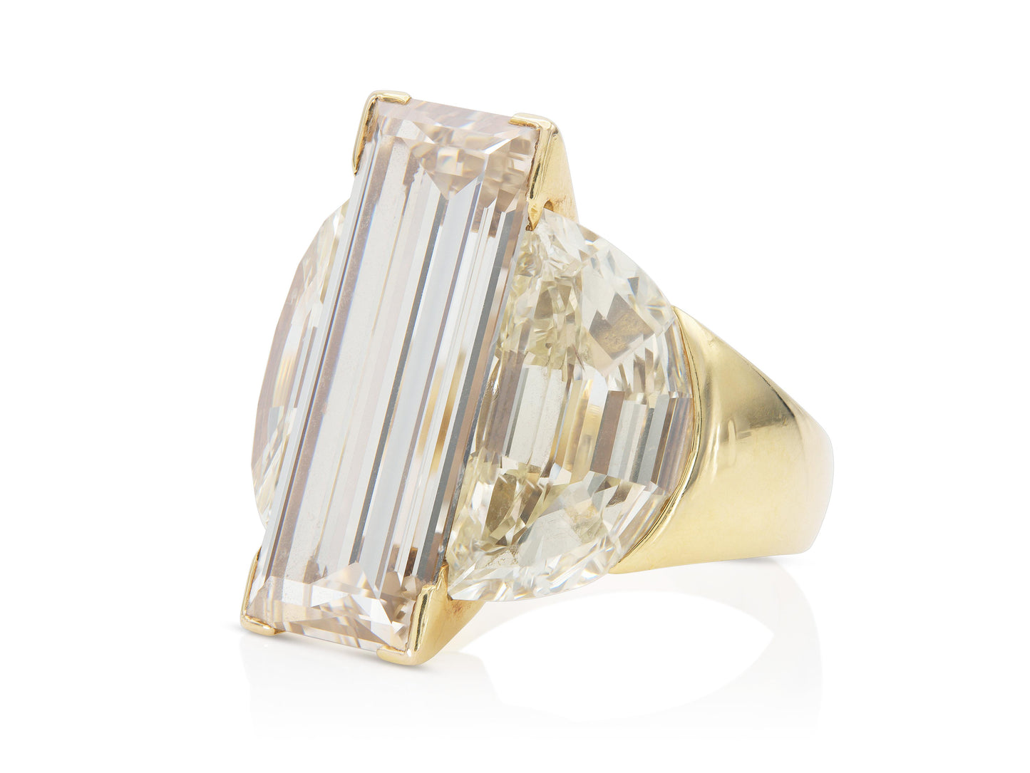 9.86 Carat Rectangular Step Cut Diamond Ring with 6.20 Carat Half-Moon Diamonds