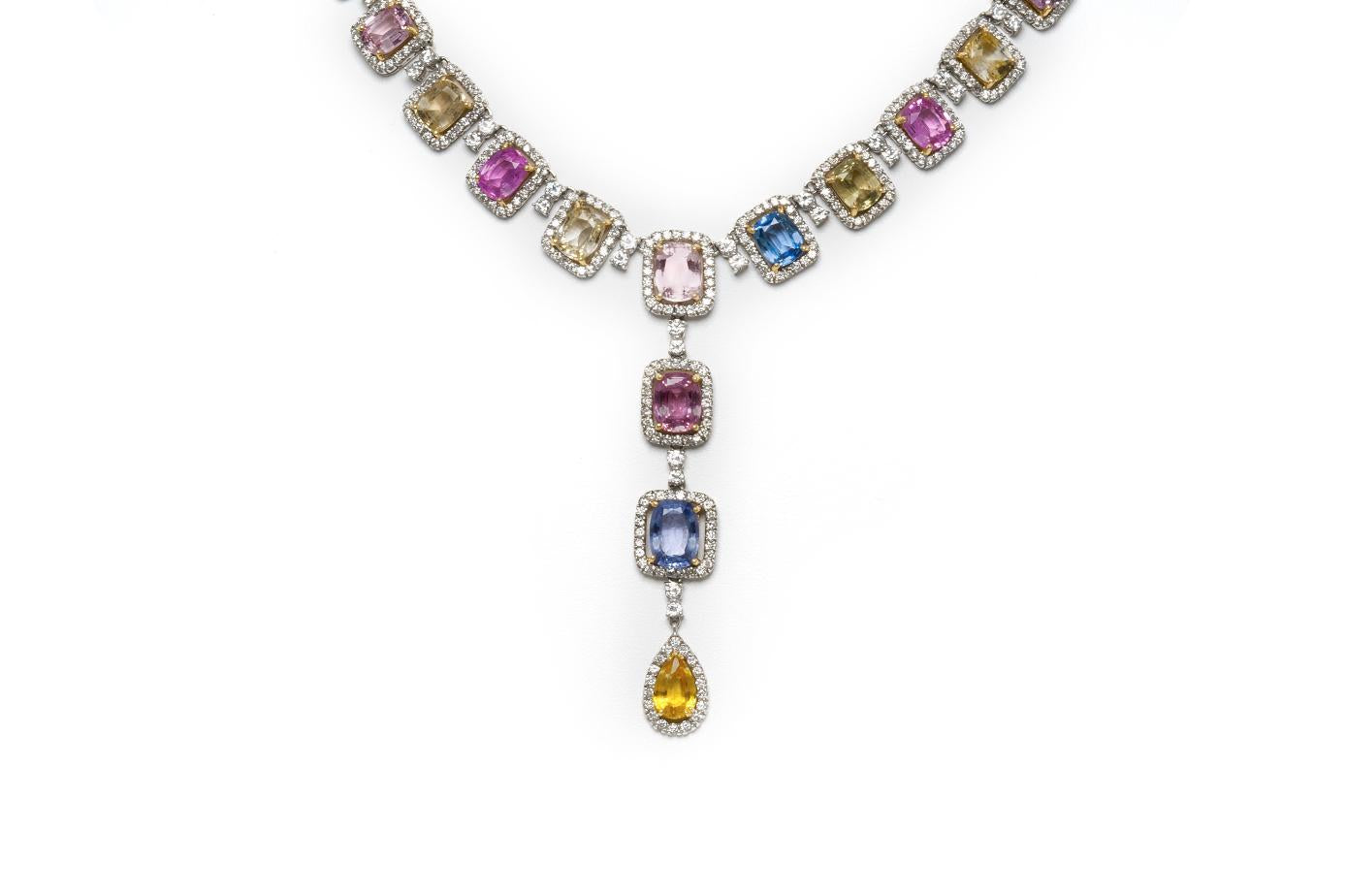 55.24 Carat Multi-Color Sapphire Detachable Drop Necklace with Diamonds