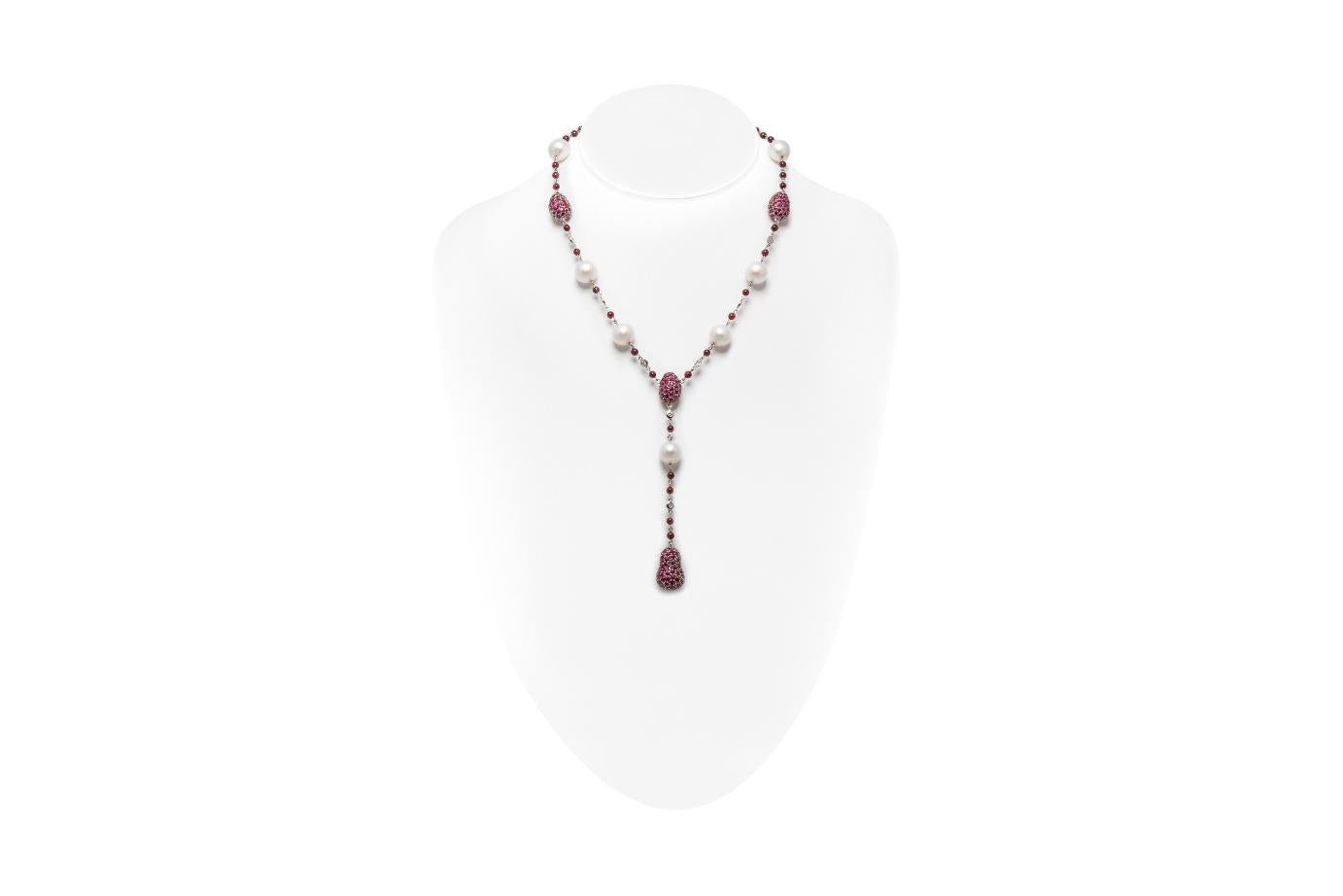 14.71 Carat Ruby and Pearl Drop Necklace with Diamonds