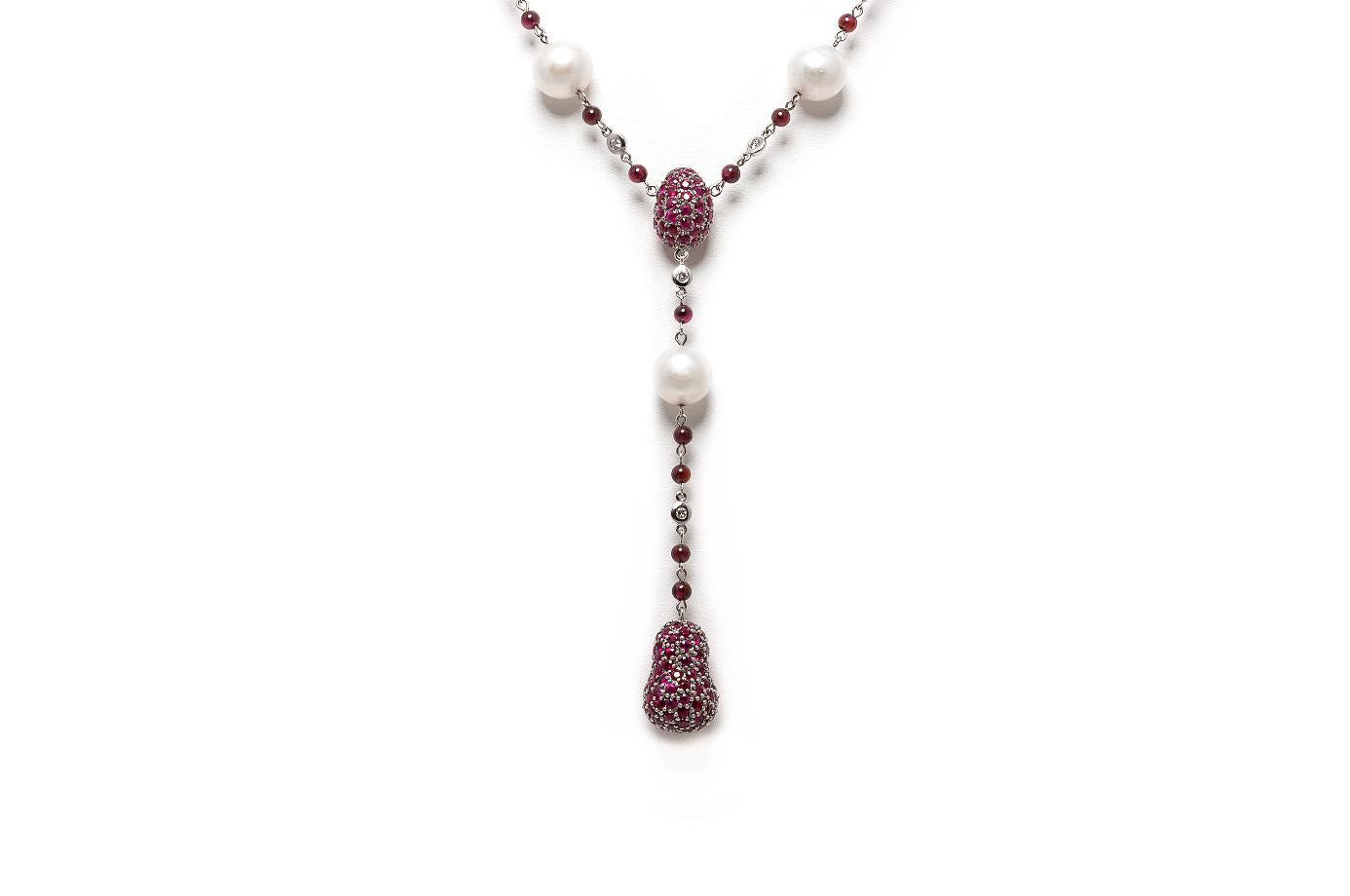 14.71 Carat Ruby and Pearl Drop Necklace with Diamonds