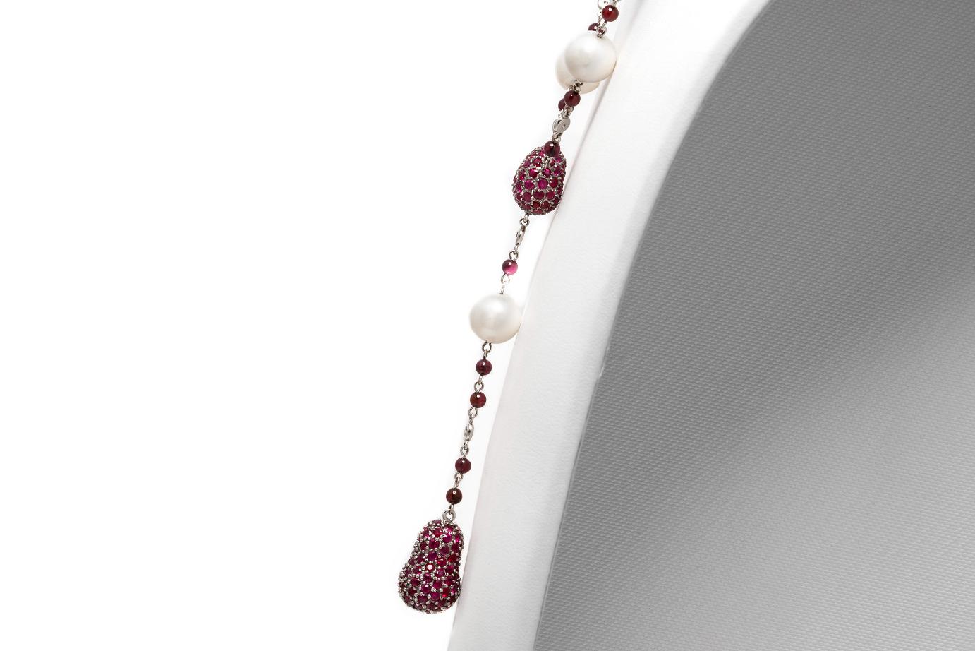 14.71 Carat Ruby and Pearl Drop Necklace with Diamonds