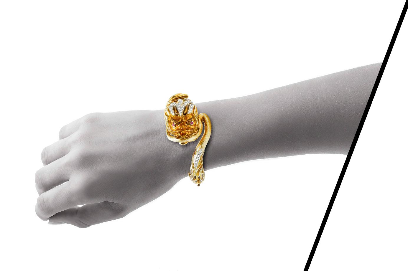 Vintage 1970s Enamel and Diamond Lion Head Bracelet with Rubies