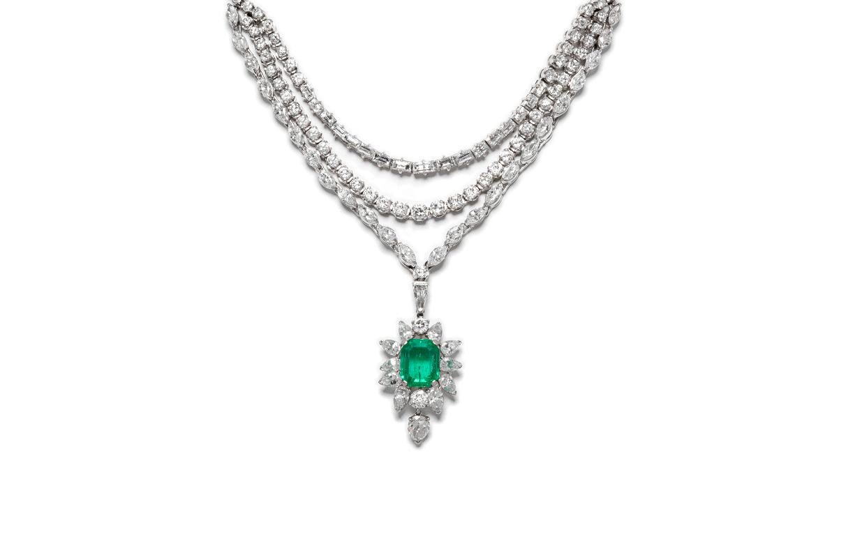 Vintage 1950s 5.00 Carat Emerald and 22.00 Carat Diamond Necklace