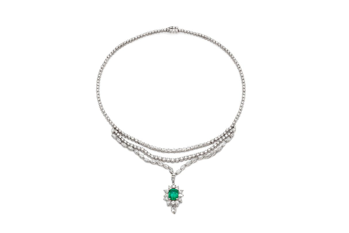 Vintage 1950s 5.00 Carat Emerald and 22.00 Carat Diamond Necklace