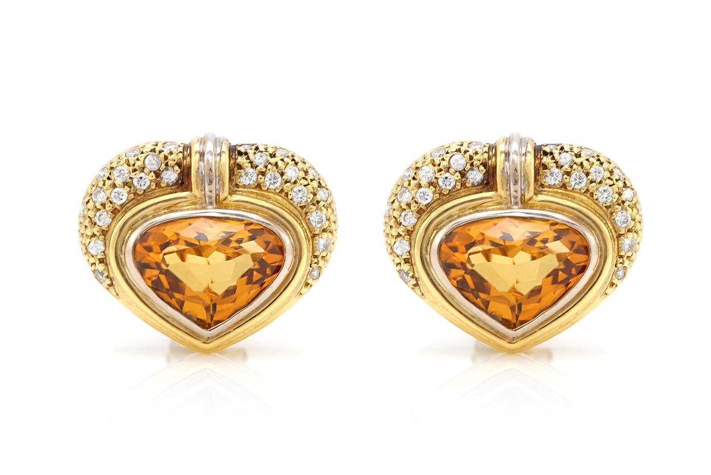 Vintage 1980s Heart Shaped Citrine Earrings with Diamonds