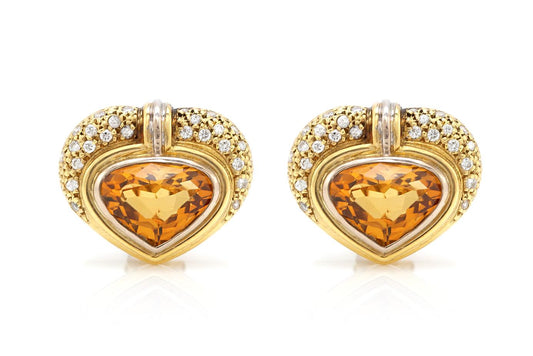 Vintage 1980s Heart Shaped Citrine Earrings with Diamonds