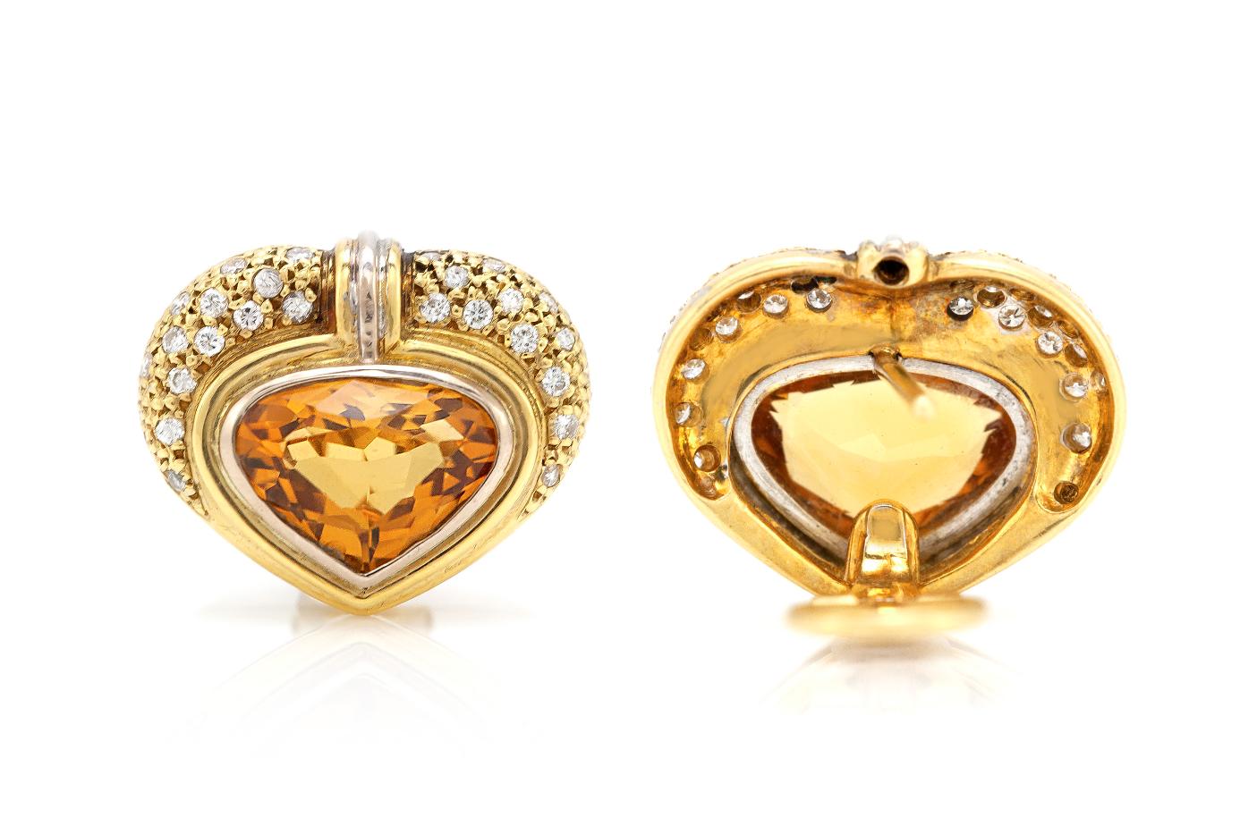 Vintage 1980s Heart Shaped Citrine Earrings with Diamonds