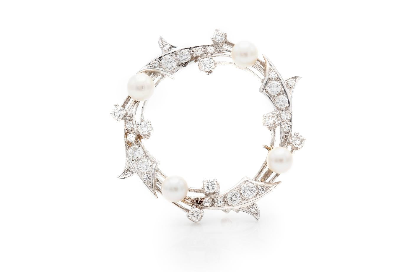 Vintage 1950s 2.00 Carat Diamond Circle Brooch with Pearls