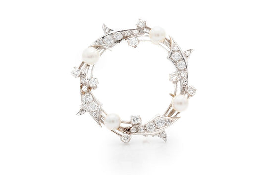 Vintage 1950s 2.00 Carat Diamond Circle Brooch with Pearls