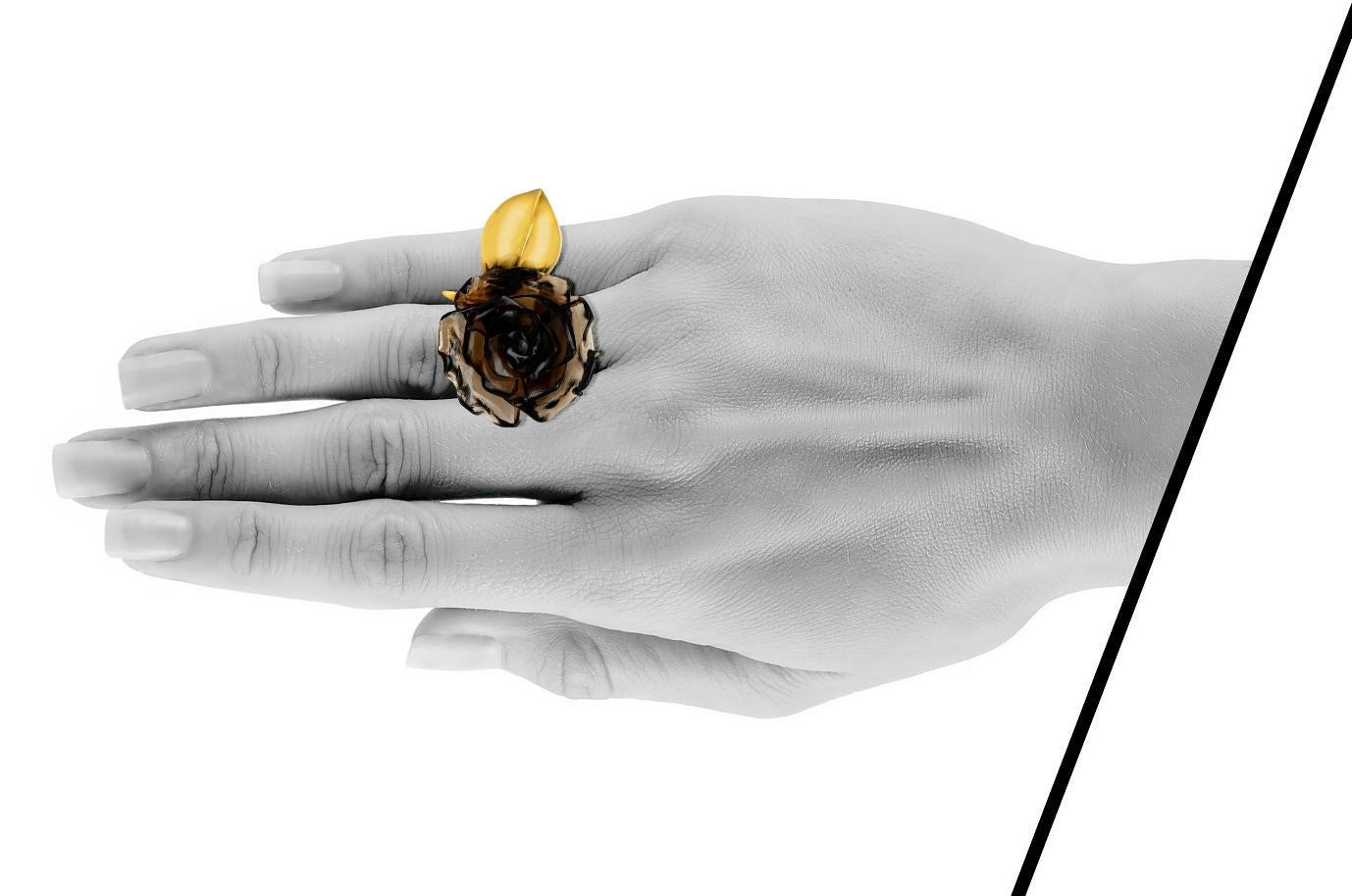 Vintage 1980s Carved Smoky Quartz Rose Ring