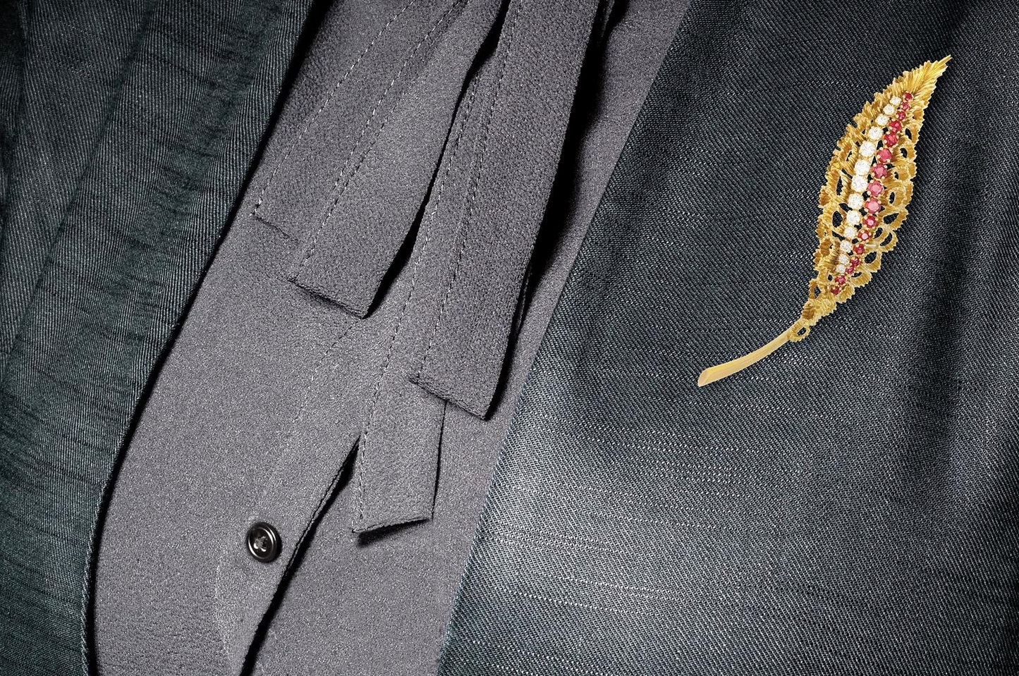 Vintage 1960s Gold, Diamond and Ruby Leaf Brooch