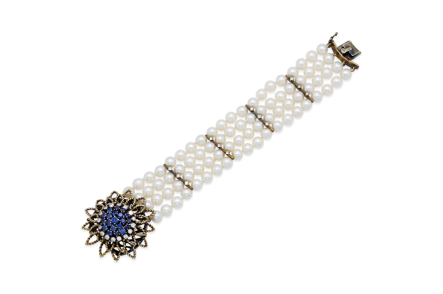 Vintage 1950s 4 Strand Pearl Bracelet with Sapphire Flower Clasp