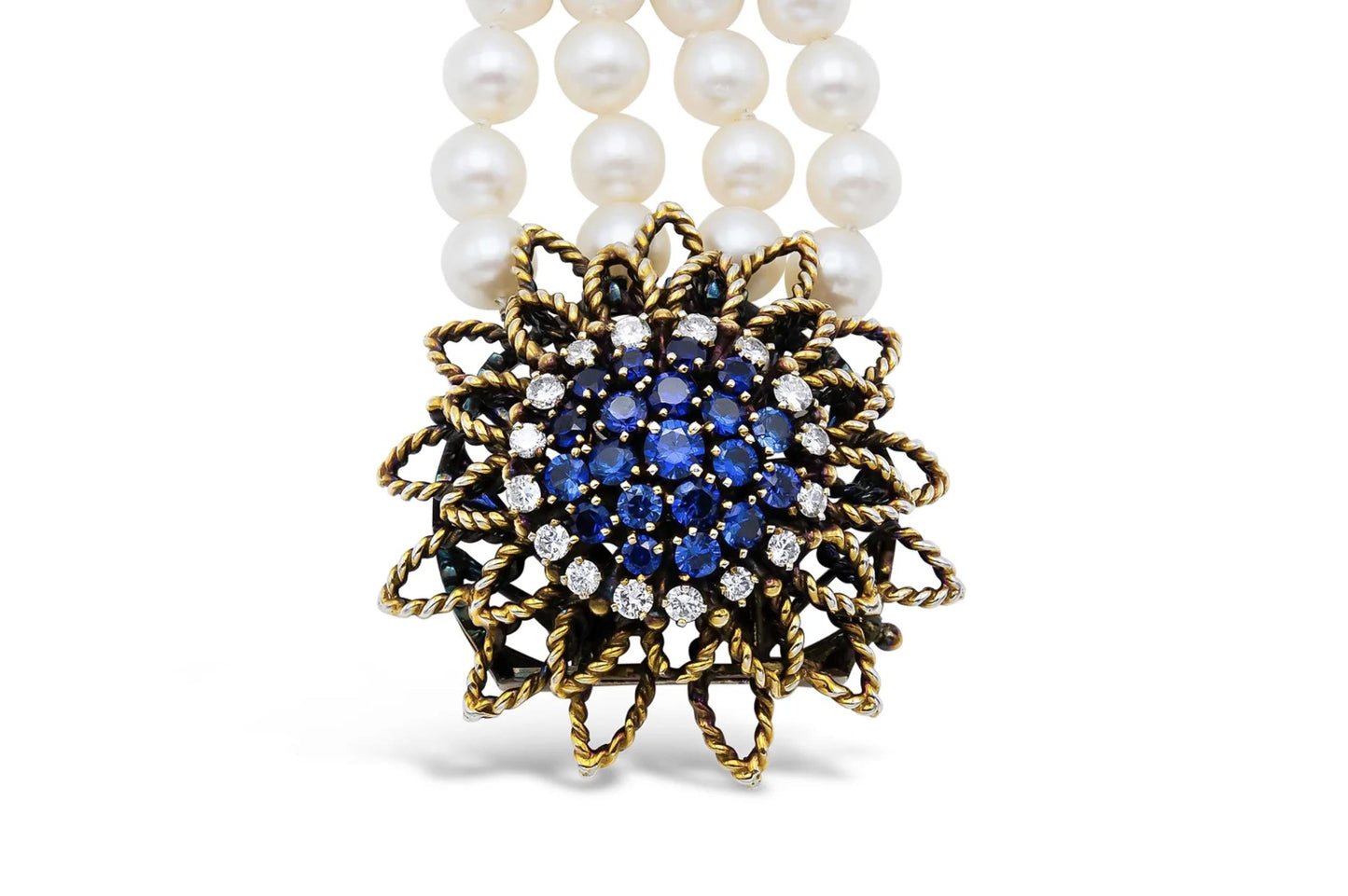 Vintage 1950s 4 Strand Pearl Bracelet with Sapphire Flower Clasp