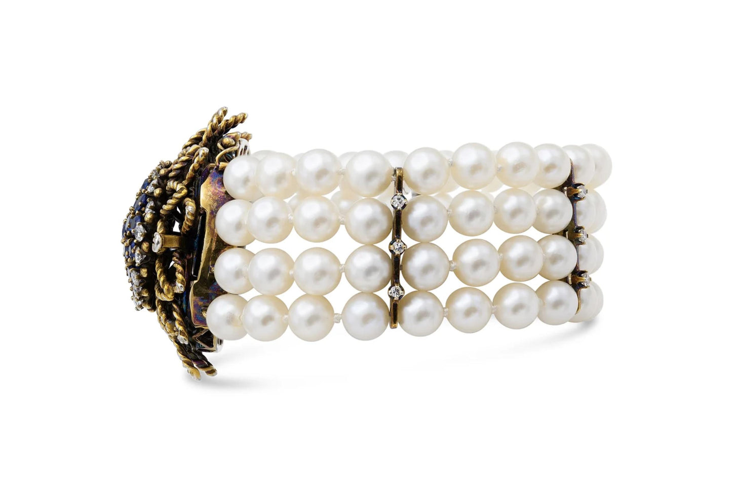 Vintage 1950s 4 Strand Pearl Bracelet with Sapphire Flower Clasp