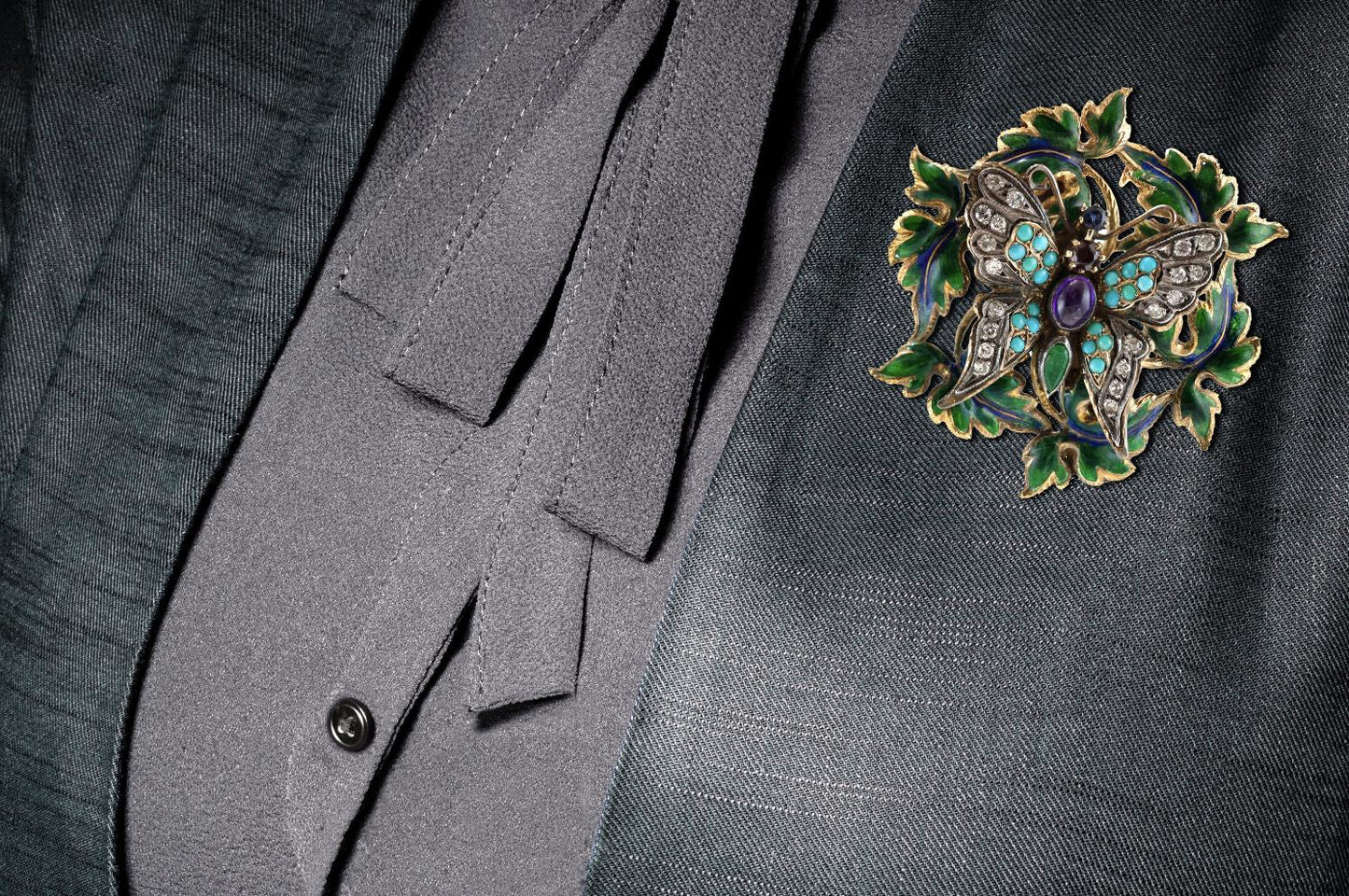 Antique Victorian Enamel and Multi-Gem Butterfly Brooch Pendant