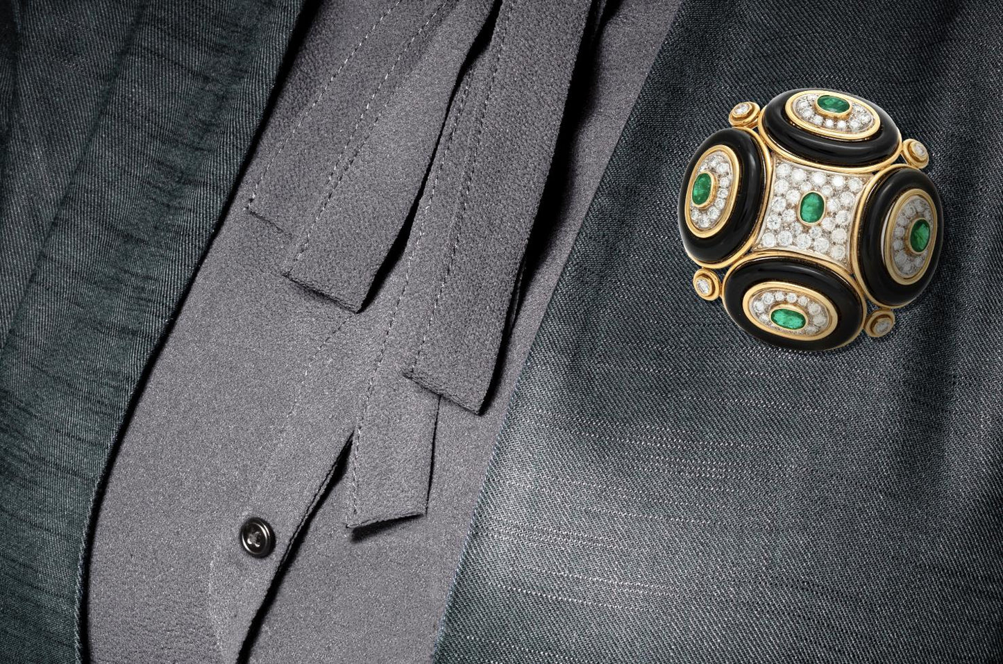 Vintage 1980s Onyx, Diamond & Emerald Brooch