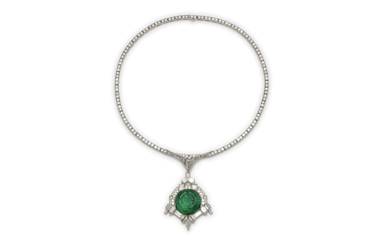 Antique Art Deco 1930s 35.00 Carat Carved Emerald and Diamond Pendant Necklace