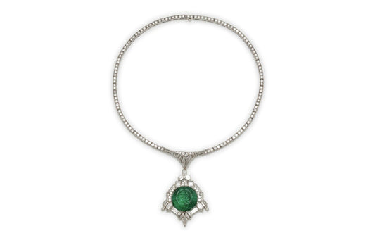 Antique Art Deco 1930s 35.00 Carat Carved Emerald and Diamond Pendant Necklace