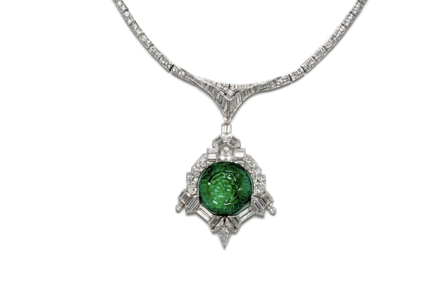 Antique Art Deco 1930s 35.00 Carat Carved Emerald and Diamond Pendant Necklace
