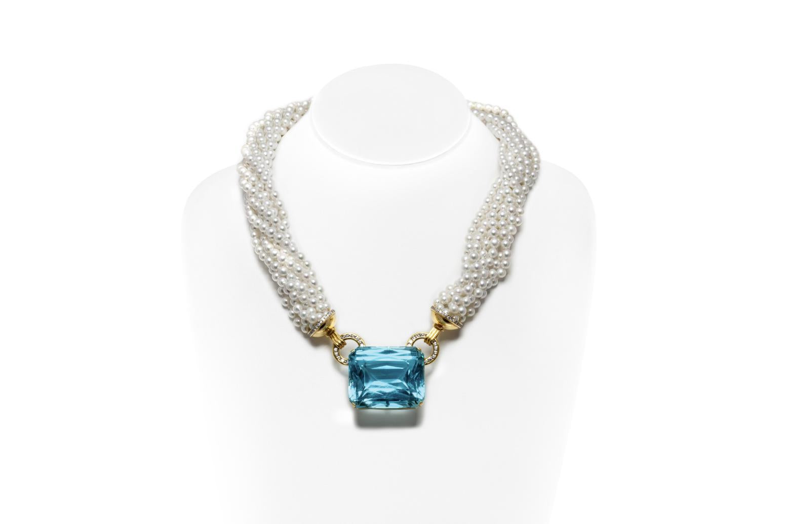 Vintage 1960s 208.45 Carat Aquamarine and Pearl Strands Necklace