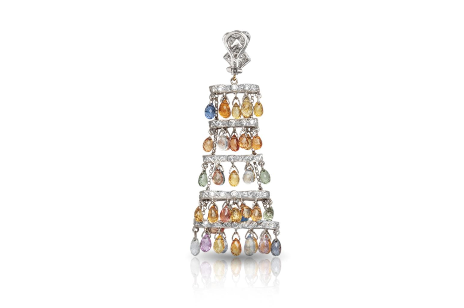 39.10 Carat Multi-Color Sapphire Chandelier Earrings with Diamonds