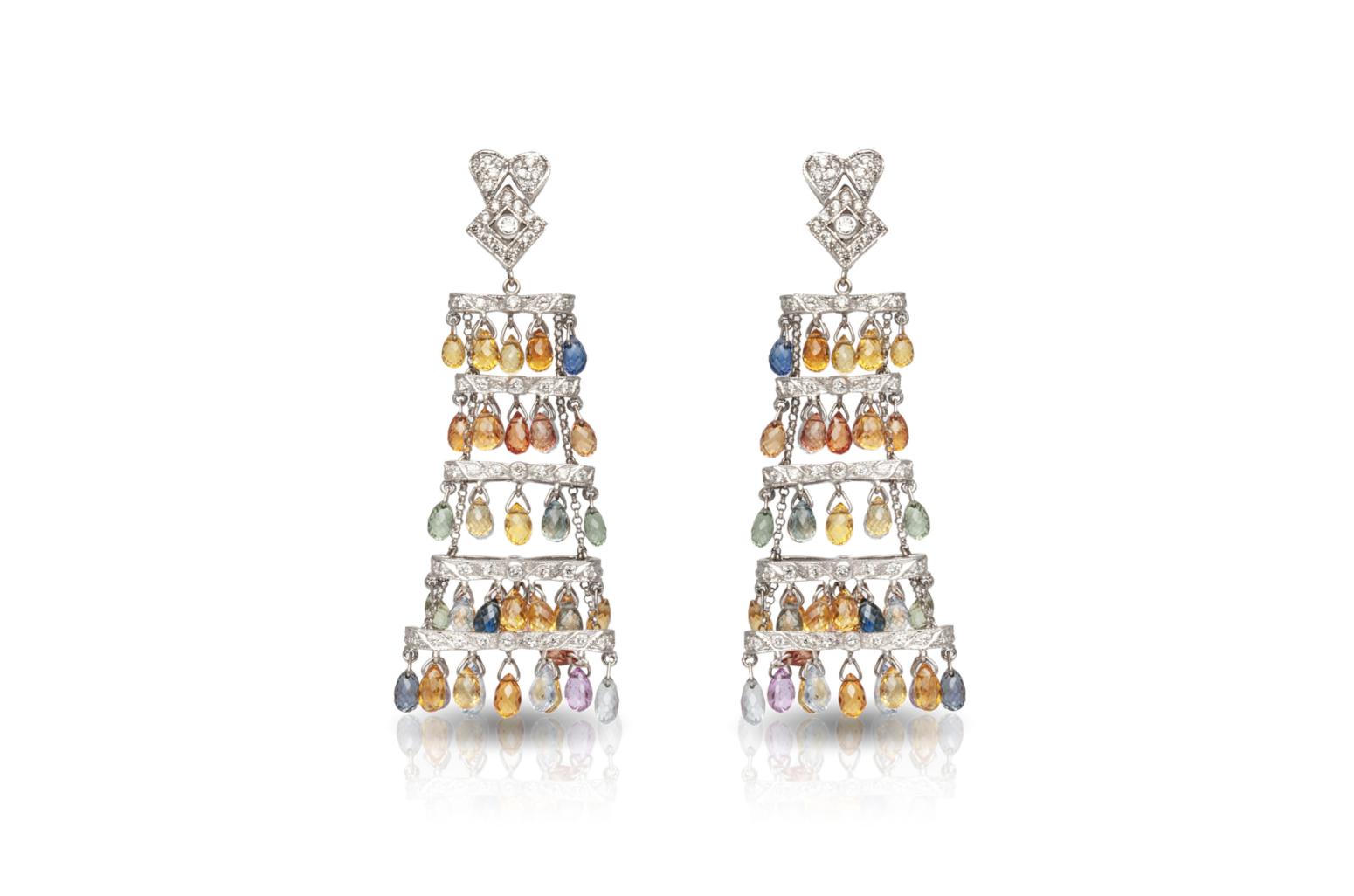 39.10 Carat Multi-Color Sapphire Chandelier Earrings with Diamonds