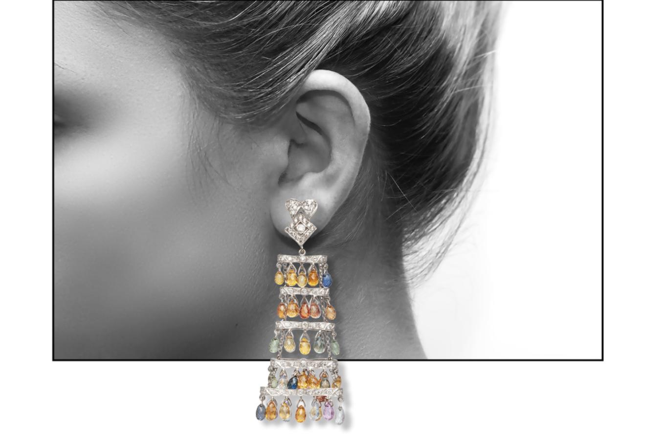 39.10 Carat Multi-Color Sapphire Chandelier Earrings with Diamonds