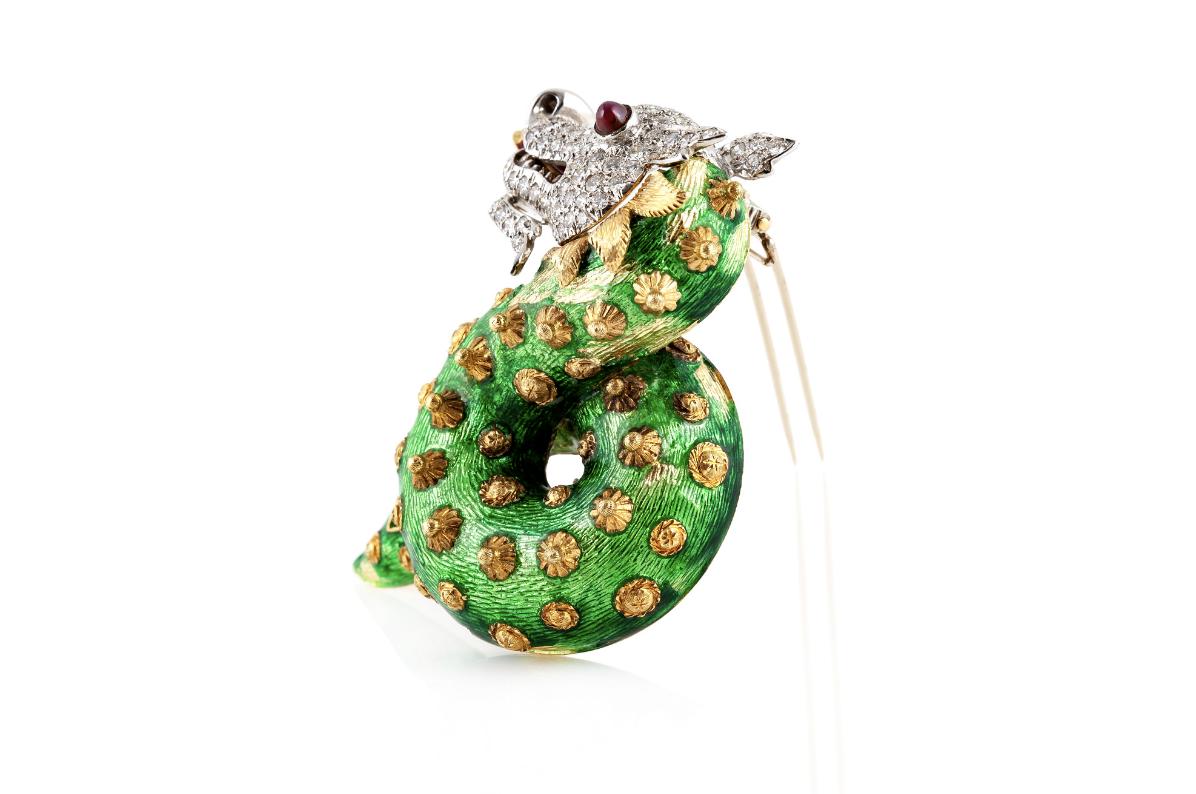 Vintage 1960s Green Enamel Dragon Brooch with Diamonds