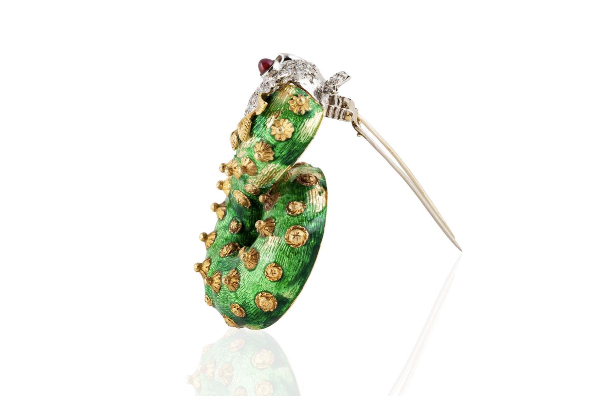 Vintage 1960s Green Enamel Dragon Brooch with Diamonds