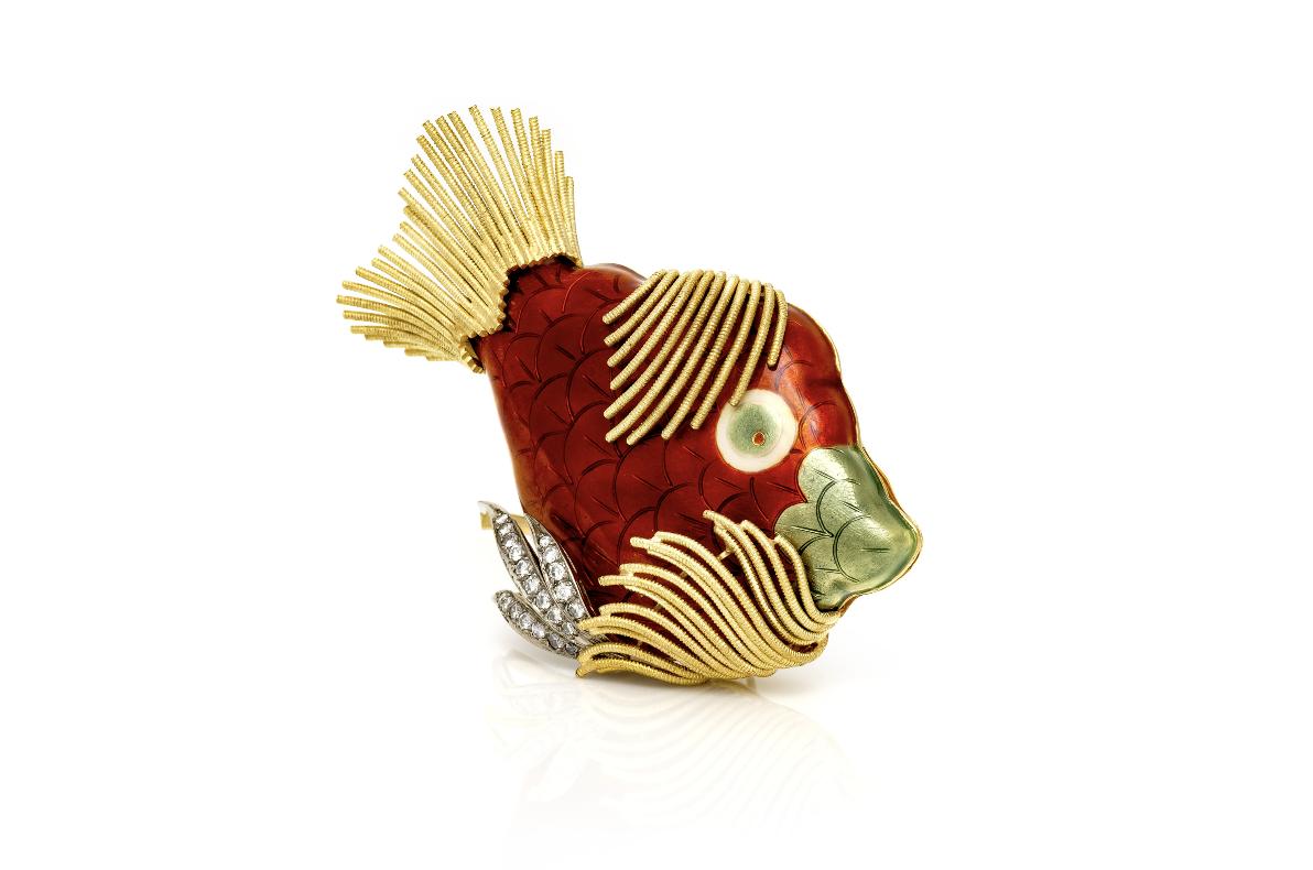Vintage 1970s Enamel Fish Brooch with Diamonds