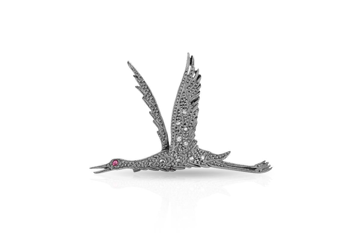 Antique Edwardian French Rose Cut Diamonds Jabot Bird Brooch with Rubies